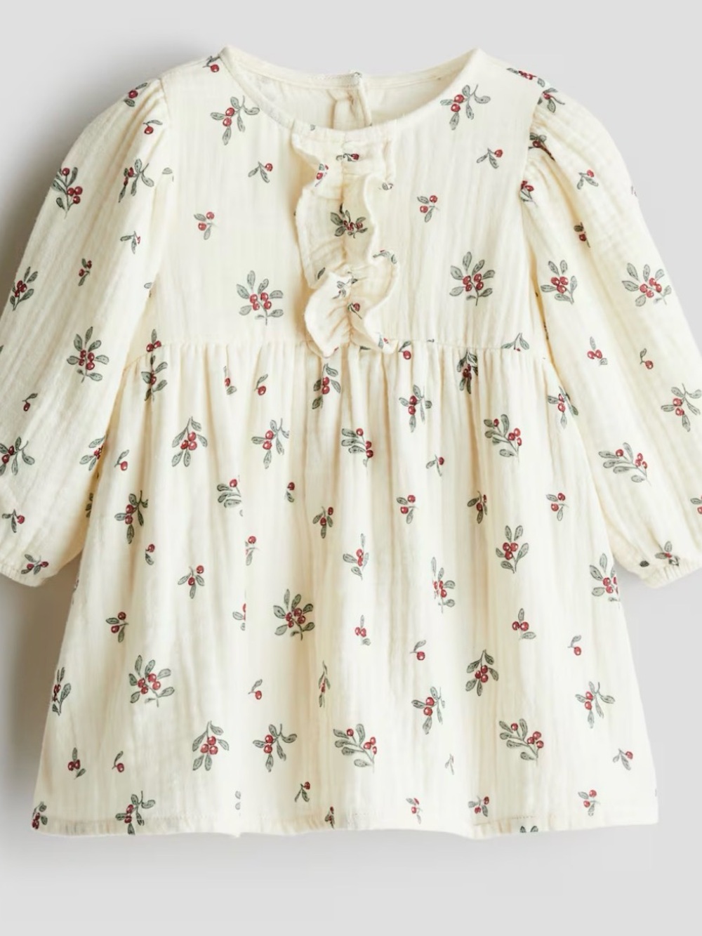 H&M Cream Dress with Red Berry and Gray Leaf Print